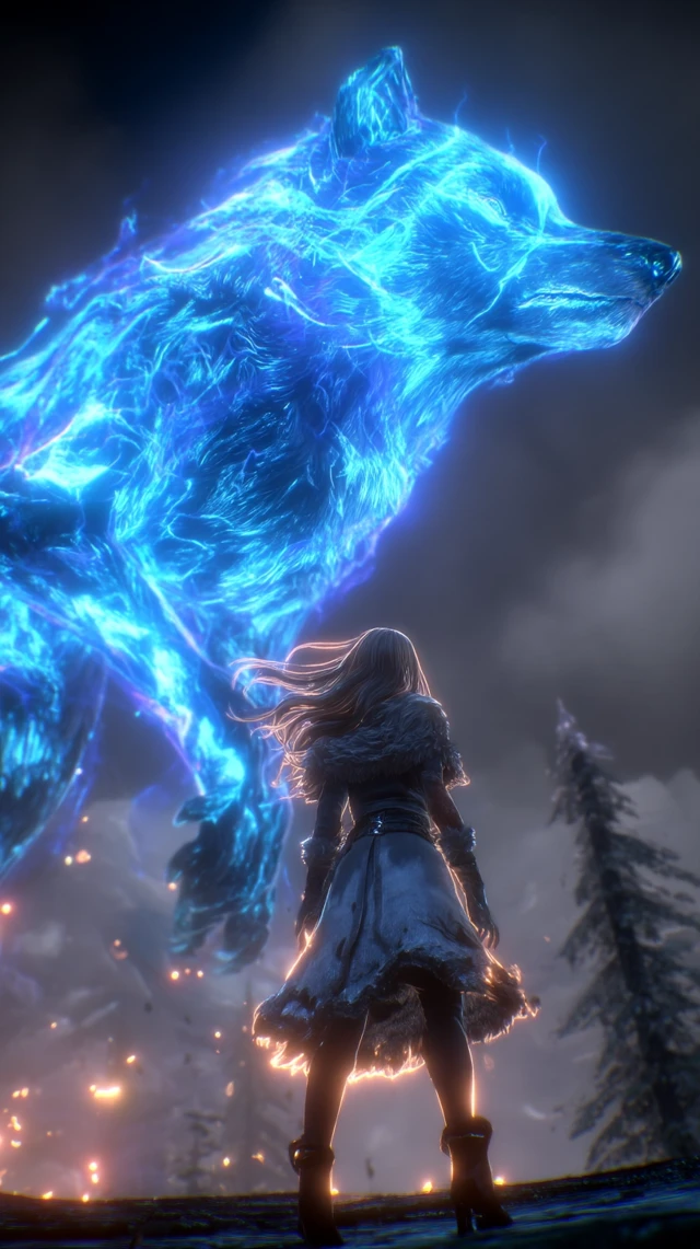 Girl and Glowing Wolf Fantasy Art