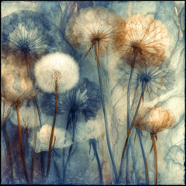 Translucent Flower Heads Cyanotype Art