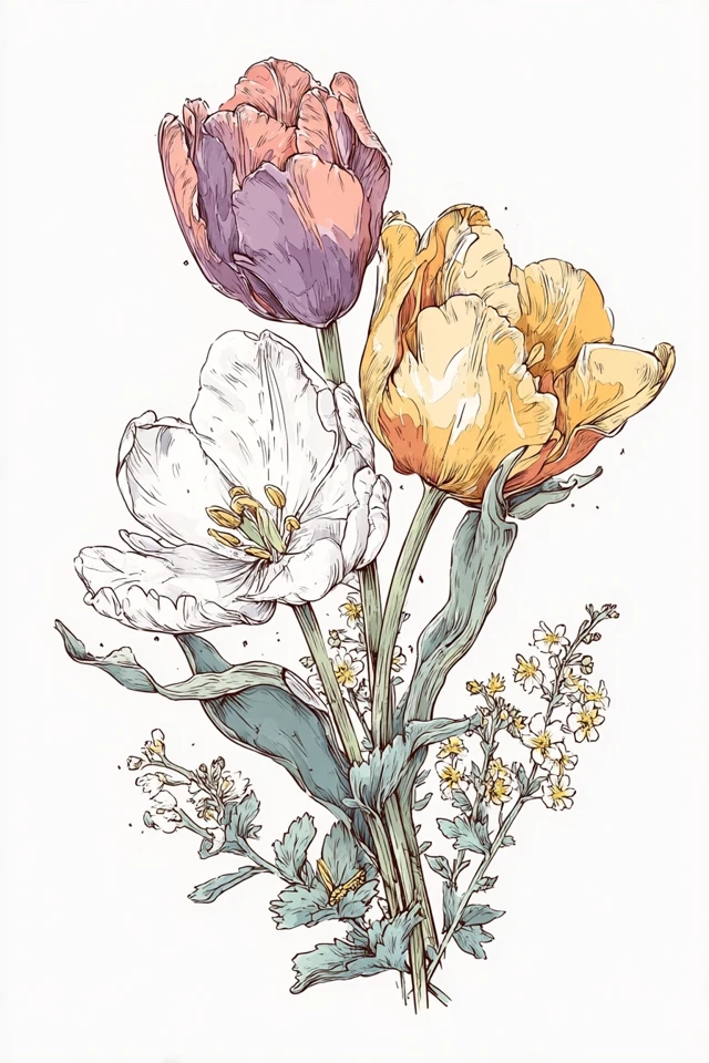 Vintage Floral Illustration Tulip Wildflower Design