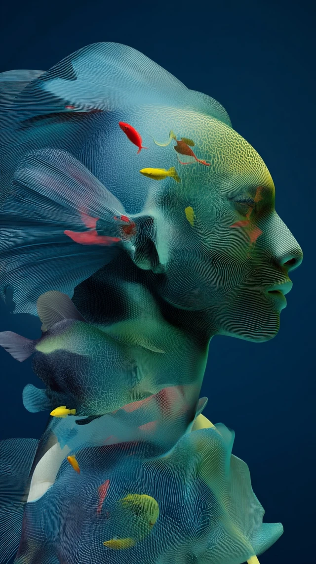 Futuristic 3D Art Ocean Fish Man Profile