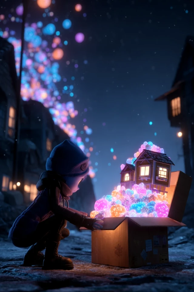Pixar Style Child and Magical Toy Box at Night