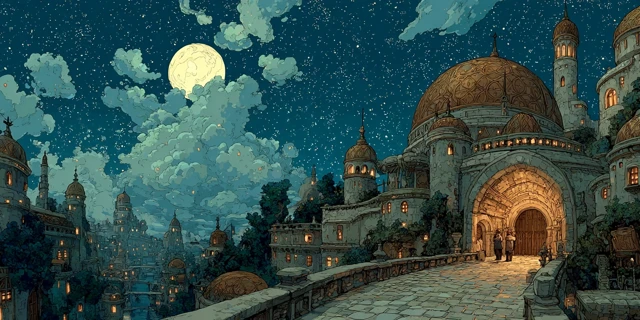 Fantasy Cityscape Night Scene Wallpaper Illustration