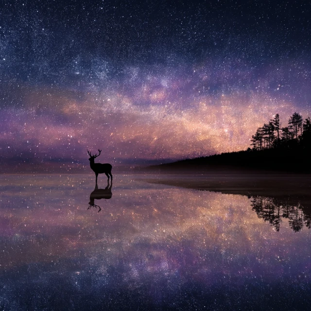 Starry Lake Deer Silhouette Illustration