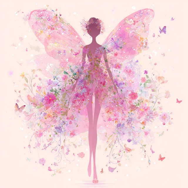 Fairy Silhouette with Floral Wings and Butterflies