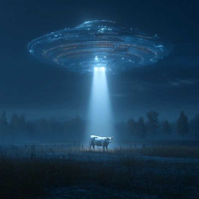 Alien Abduction of a Cow at Night 3D Render