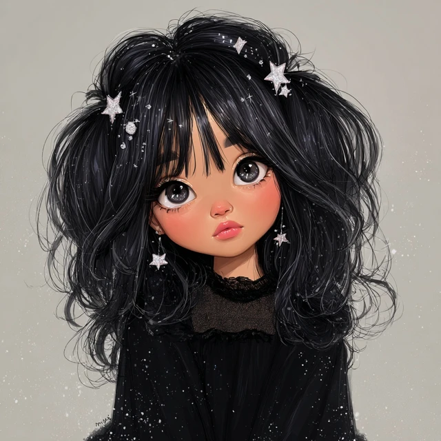Cute Anime Girl with Black Hair and Star Hair Clips