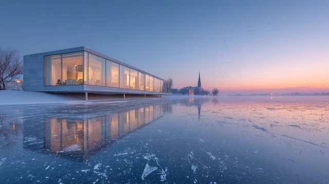 Modern Villa on Frozen Lake at Dawn