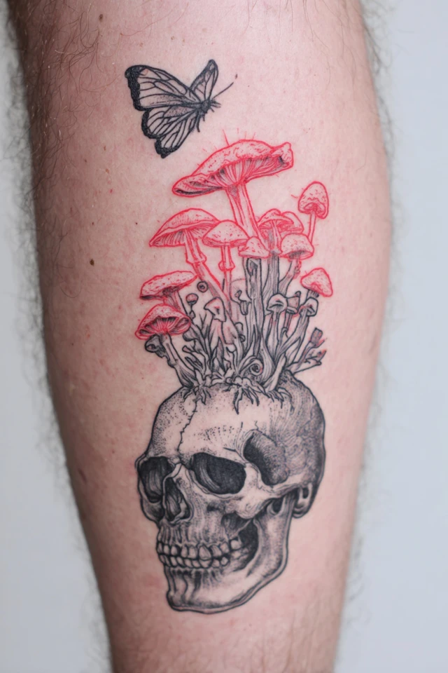 Skull with Mushrooms and Butterflies Tattoo Design
