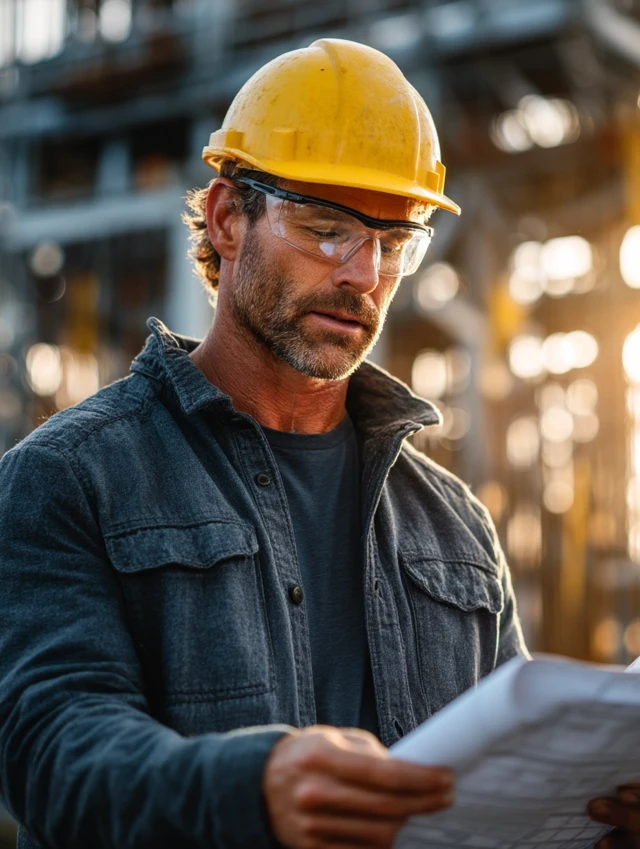 Construction Worker Inspecting Blueprints at Work