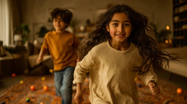 Kids Playing Living Room Colorful Scene 4K