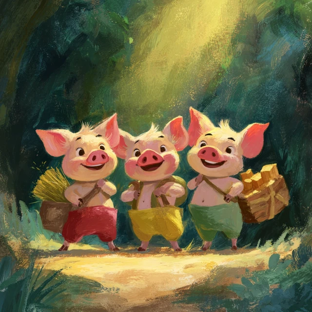 Three Little Piglets in the Forest Storybook Illustration