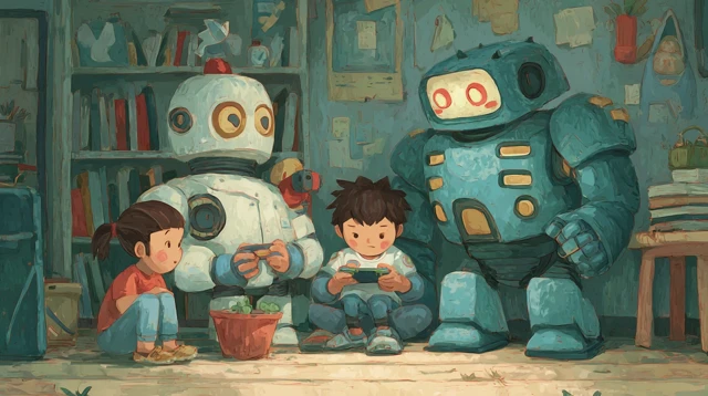 AI Robots Playing Games with Children Cartoon Wallpaper