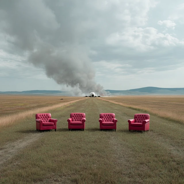 Burning Airplane and Red Seats on a Grassy Field