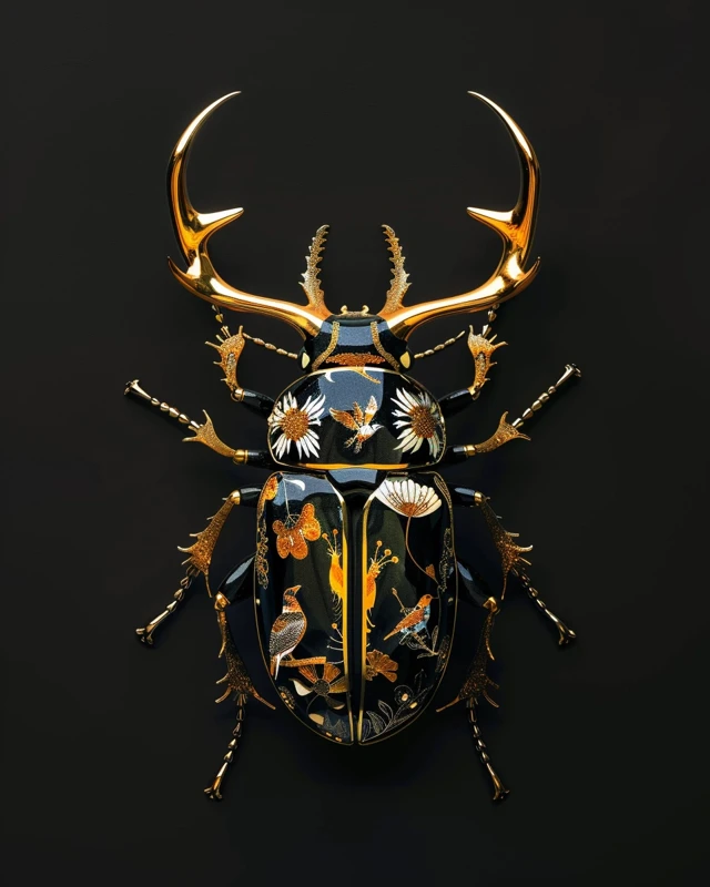 Gold Beetle Stag Beetle with Bird Motif by William Morris