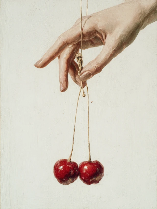 Hand Holding Cherries Pulp Art Illustration