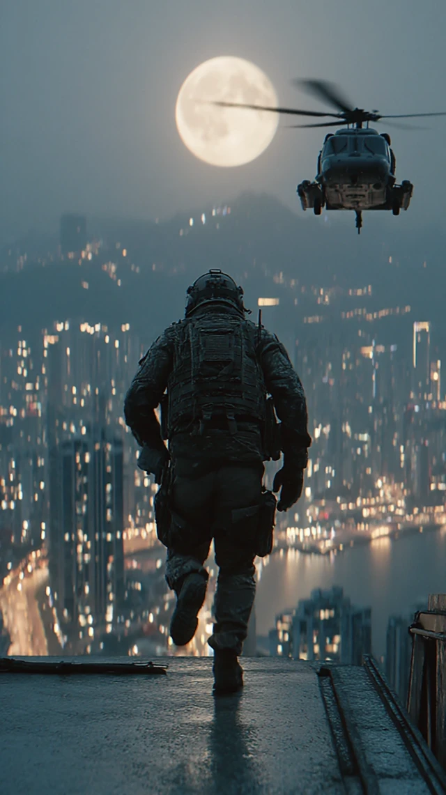 Cinematic Action Scene: Soldier on Rooftop with Helicopters