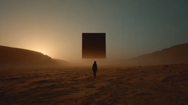 Woman in Desert Under Cube Minimalist Photography