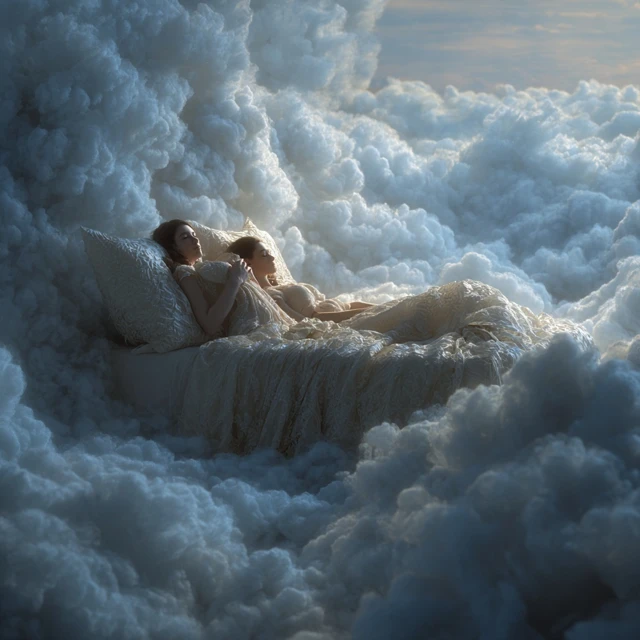 Women Dreaming Bed of Clouds Serene Illustration