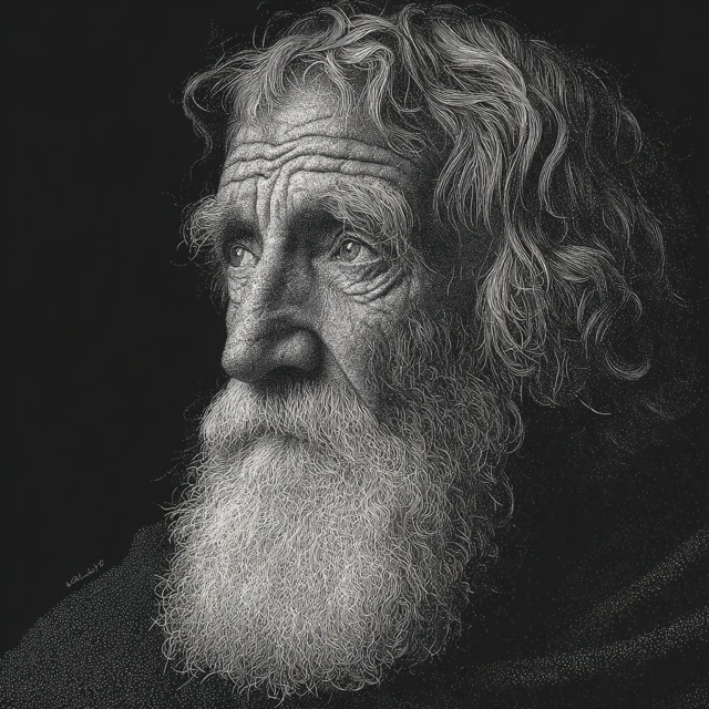 Pointillist Portrait of an Old Man Black and White