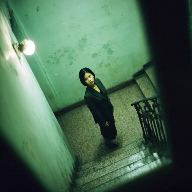 Woman in Black Suit on Korean Staircase LoFi