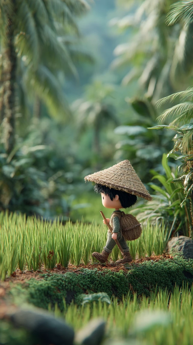Pixar Style Chibi Farmer in Rice Field 3D Illustration