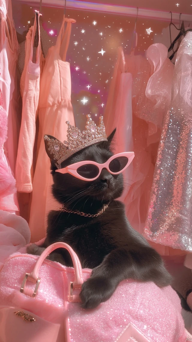 Glamorous Black Cat in Pink Paradise