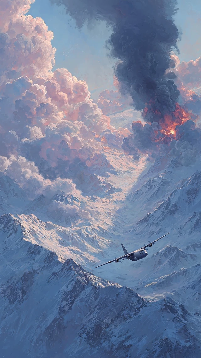 Burning Plane Over Mountains Dramatic Artwork