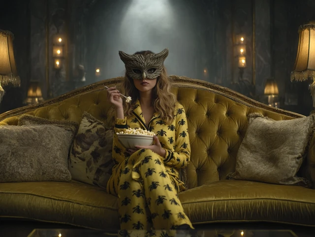 Glamorous Woman in Owl Mask, Dark Fantasy Scene