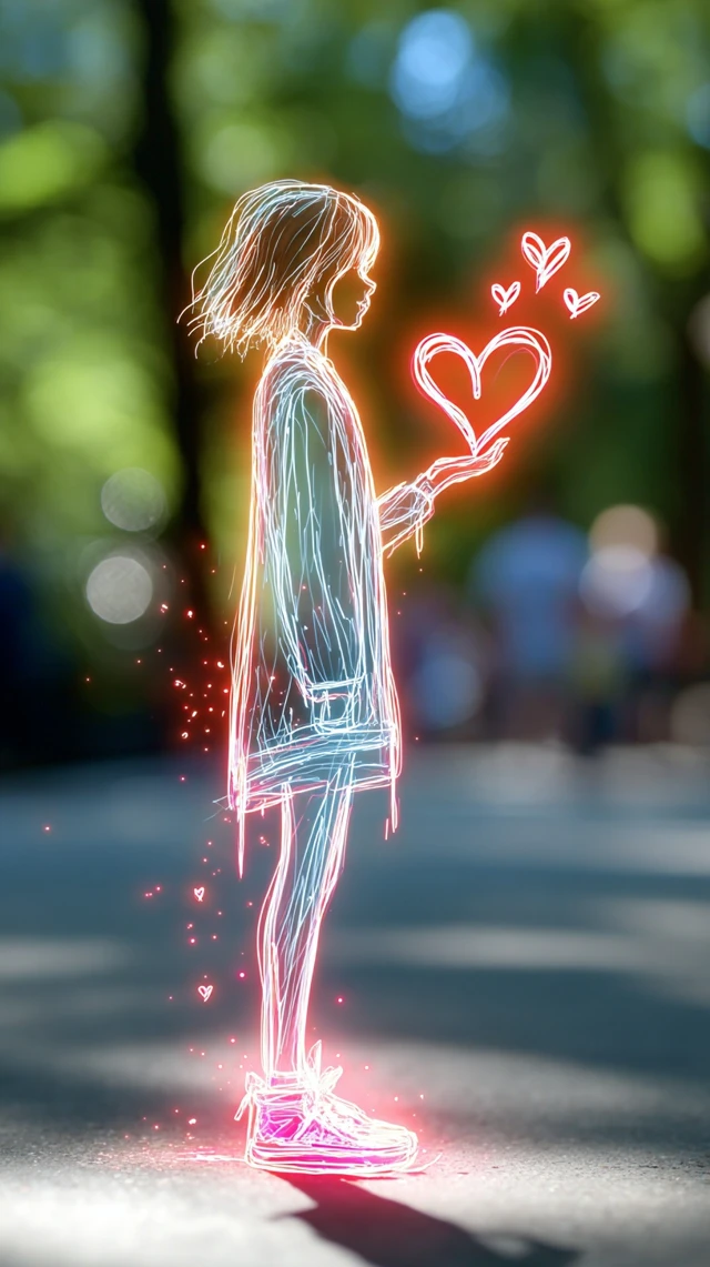 Glowing Neon Girl with Pink Heart Summer Park