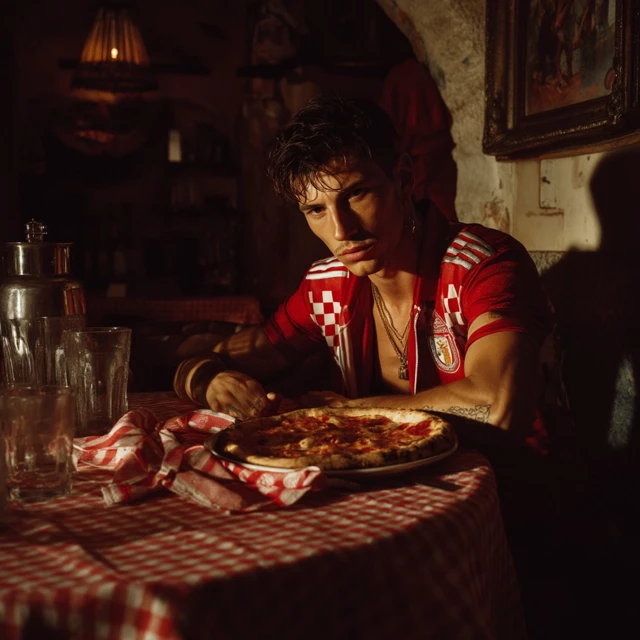 Arrogant Model Eating Pizza in Italian Restaurant