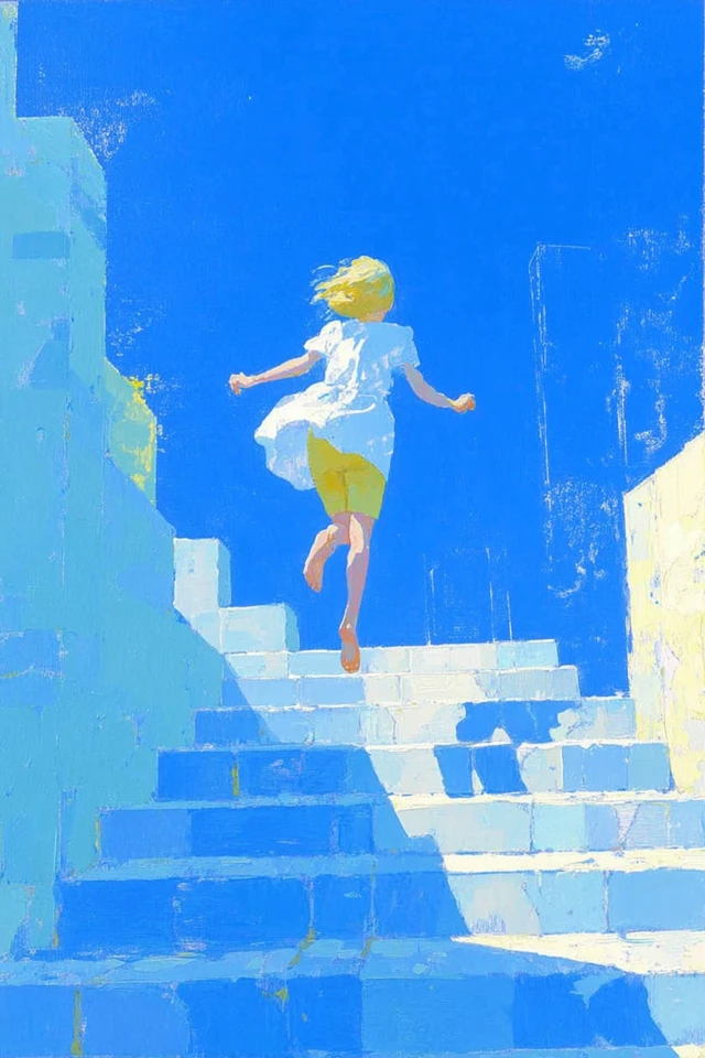 Girl Jumping on Stairs Pastel Oil Painting