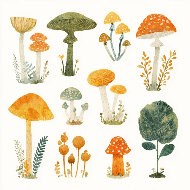 Cozy Farm Mushrooms Watercolor Illustration