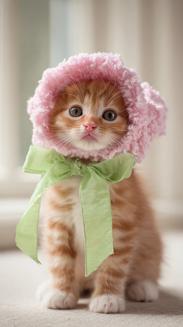 Cute Kitten in Pink Bonnet Adorable Tabby Cat Photo