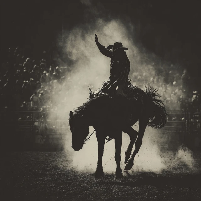 Rodeo Cowboy on Bronc Epic Black and White Photo
