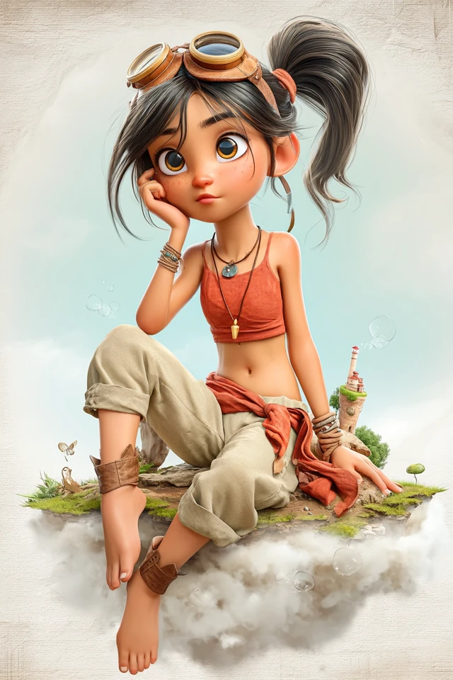 Cartoon Girl on a Cloud Sky Island 3D Render