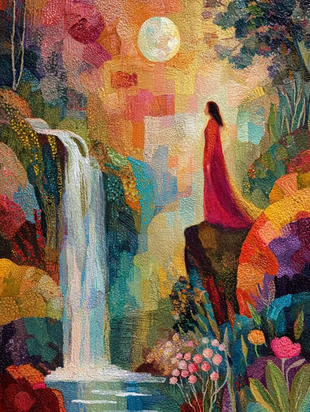 Pink Fairy Waterfall Painting Art Nouveau Style