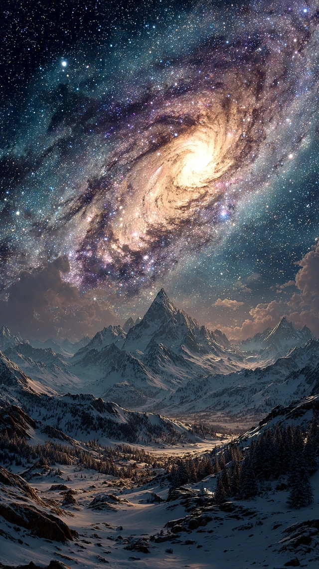 Nightscape Galaxy over Snowcapped Mountains