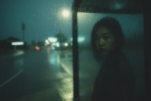 Rainy Night Asian Woman Waiting At Bus Stop