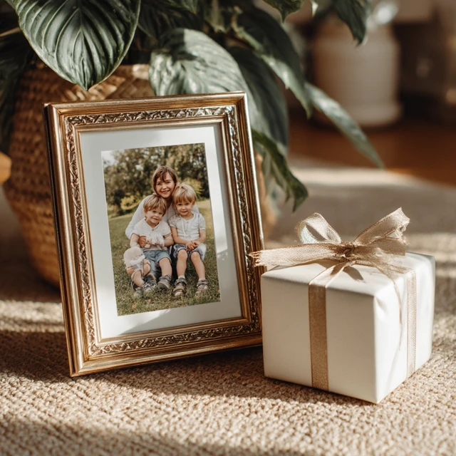 Family Photo in Gold Frame Gift Box Warm Lighting