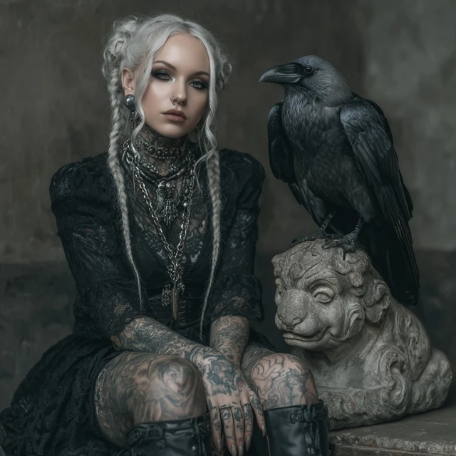 Gothic Lady in Black Lace Raven Details