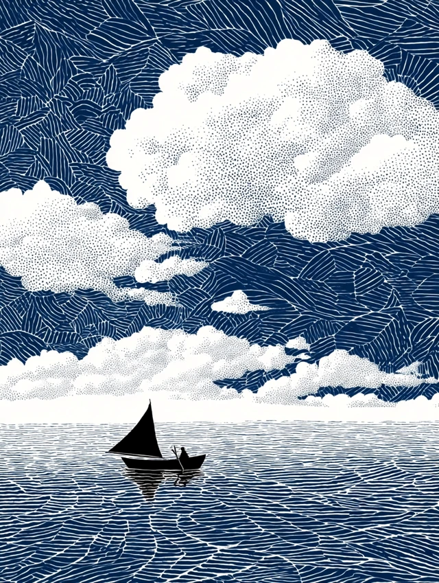 Sea Boat and Clouds Monochrome Art