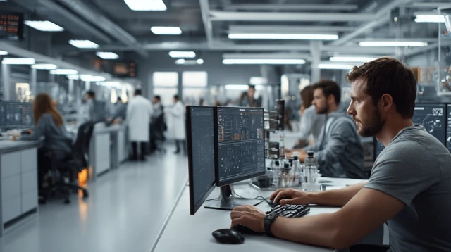 Busy Science Lab: Researchers Working with Computers