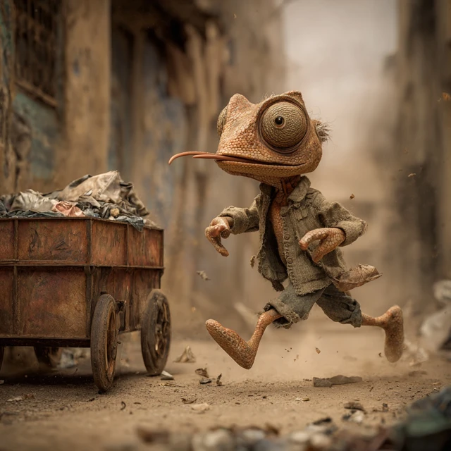 Chameleon Chases Flies Grimy Surreal Urban Scene