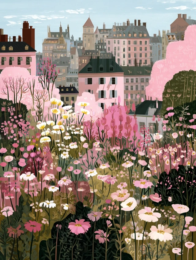 City Garden Art Nouveau Painting Pink Flowers Buildings