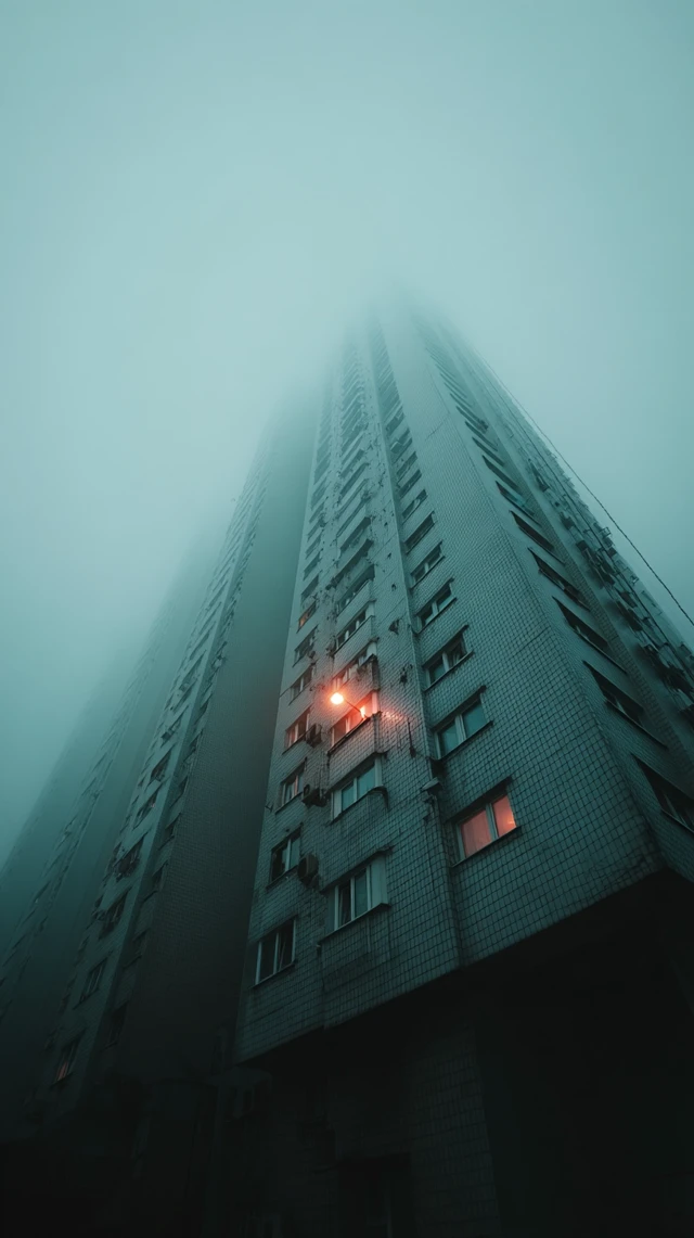 Retrofuturistic Skyscraper in Turquoise Fog