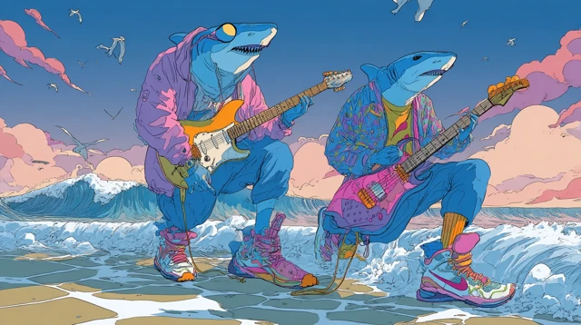 Shark Musicians Playing Guitars on Beach Art