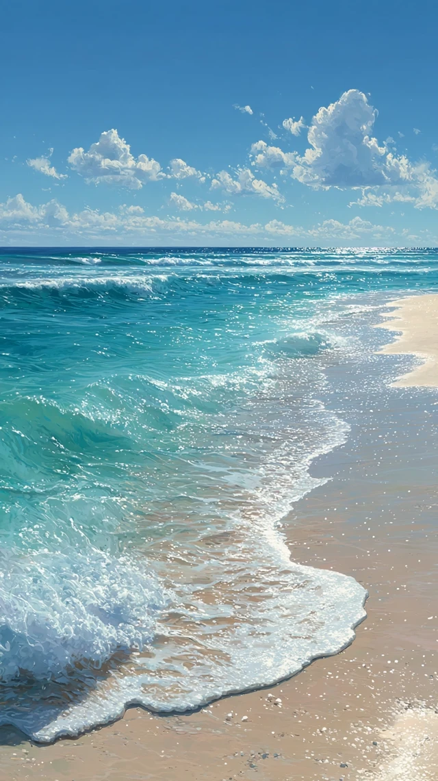 Photorealistic Beach Scene Ocean Waves Clear Sky