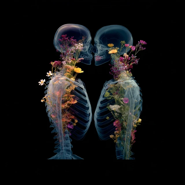 X-Ray Kiss with Flowers: Surreal Anatomy Art