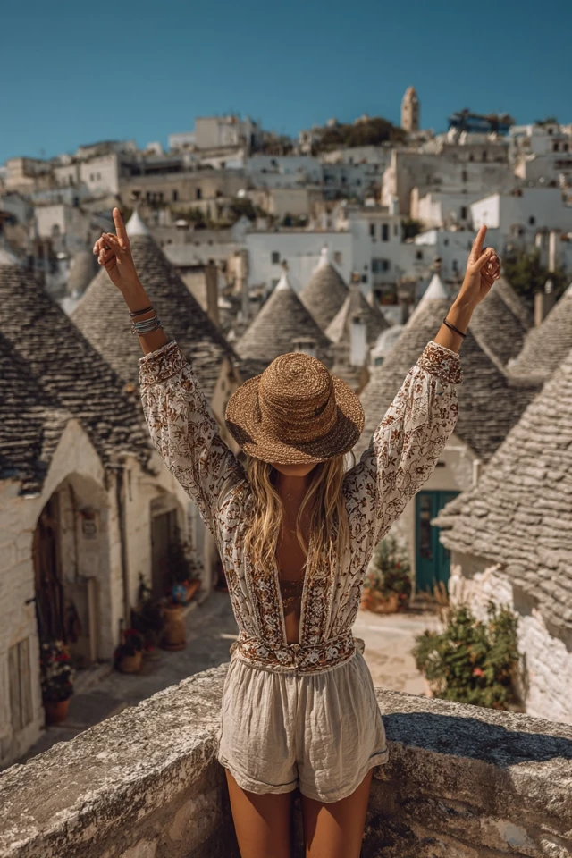 Woman in Alberobello Italy Trulli Rooftops