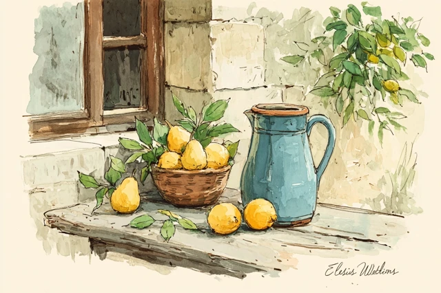 Watercolor Still Life Fruits and Jug Vintage Style